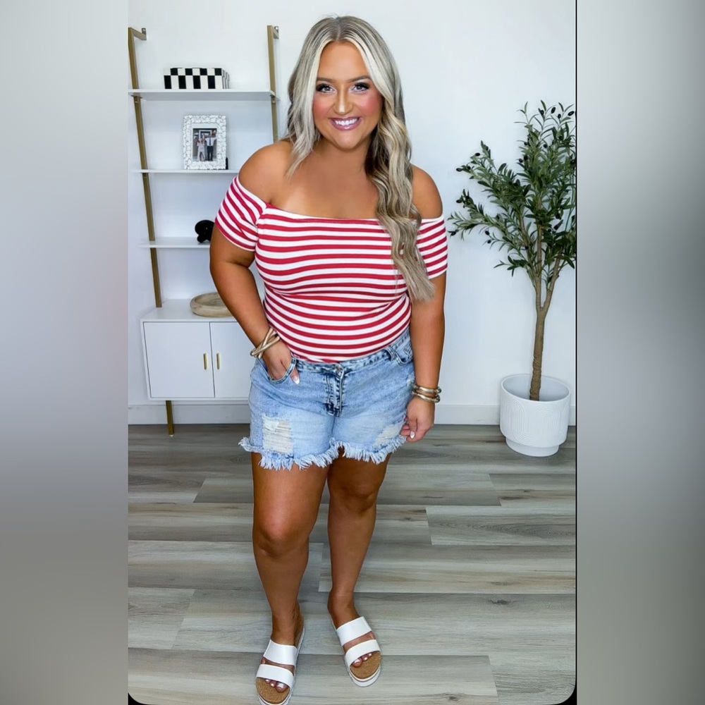 Striped Red and White Off-Shoulder Bodysuit